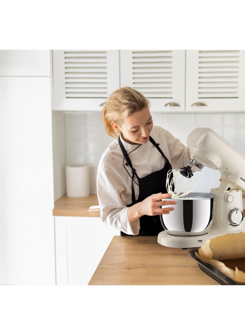 بورودو خلاط كهربائي منزلي (عجانة) برأس مائل، وعاء ستانلس ستيل سعة 2 لتر، 3 رؤوس ملحقة (مخفقة ستيل، مضرب مسطح، خطاف عجين)، صانعة كيك بقوة 400 واط، 10 مستويات للسرعة - أبيض - Image 2